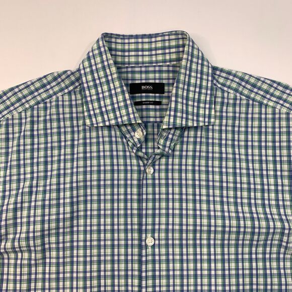 Hugo Boss Shirt Mens 16 Blue Green Slim Sharp Fit Plaid Button Up Long Sleeve - Picture 3 of 11